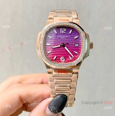 New! Clone Patek Philippe Nautilus Ladies Red Ombre Watch with Diamonds